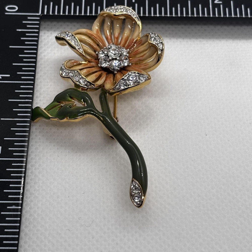 Vintage Nolan Miller Flower Brooch Pin Gold Tone Enamel Rhinestone Crystal Box - Picture 5 of 7